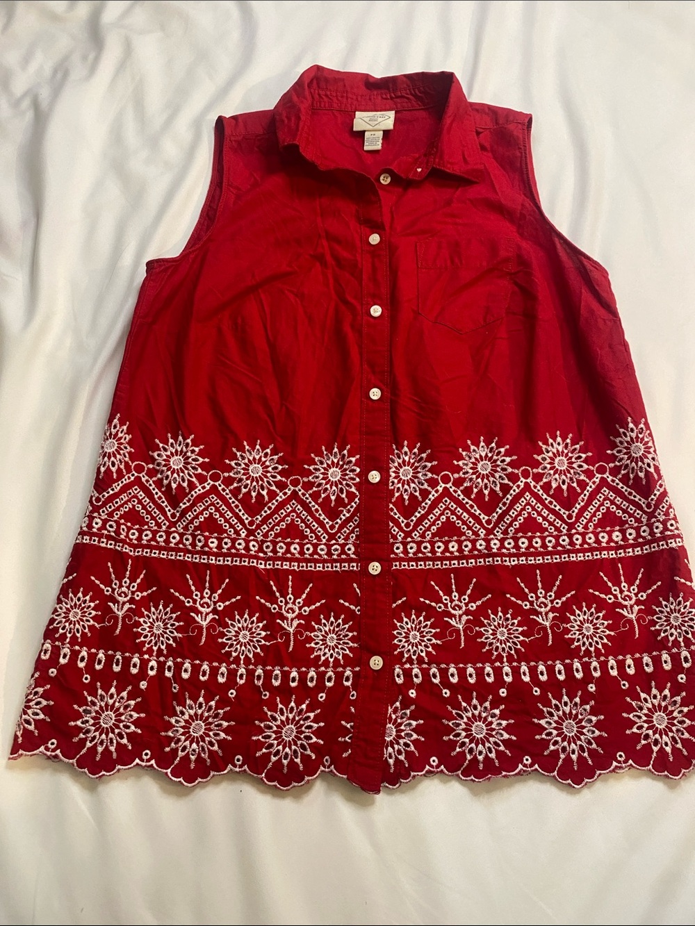 St. John's Bay Red Sleeveless Button-Down Top with White Embroidery